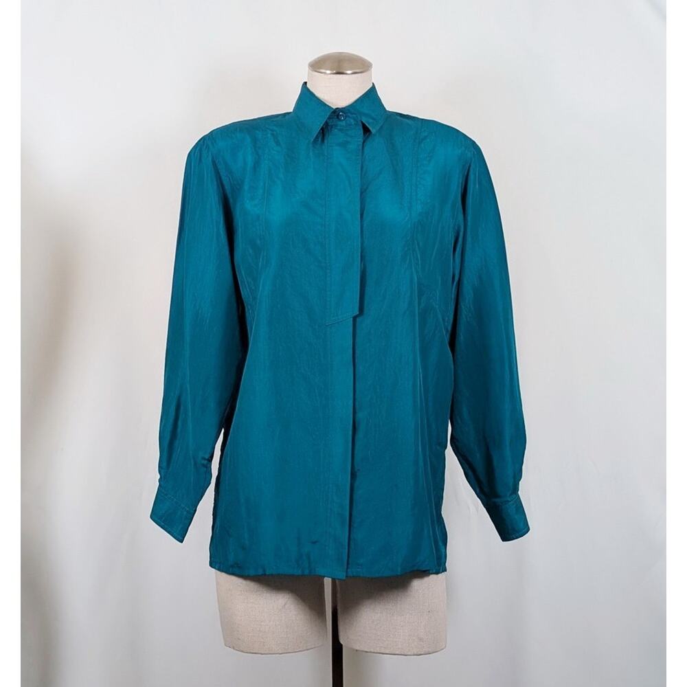 Vintage 90s Blouse Silk Teal Green Button Front Women's Size S Partners